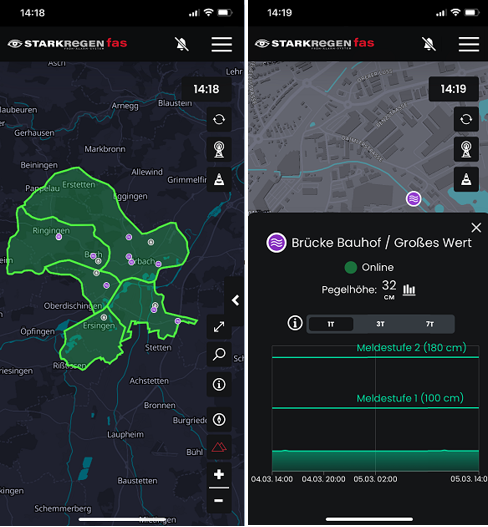 Bildschirmansicht der Starkregen-App